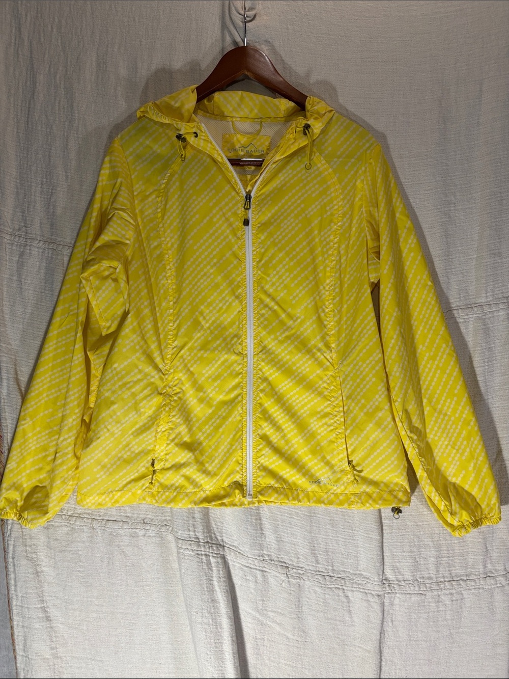 Eddie Bauer RipPac WeatherEdge Rain Jacket Yellow Stripe Hooded Packable Large